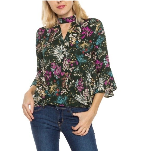 Monteau army green floral bell sleeve wrap top size medium NWT - Picture 1 of 7
